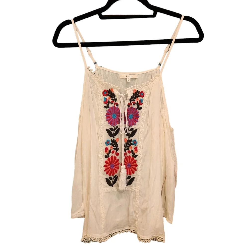 NWOT LF Boutique Off-Shoulder Floral Tie-Front Flowing Top - Picture 1 of 10